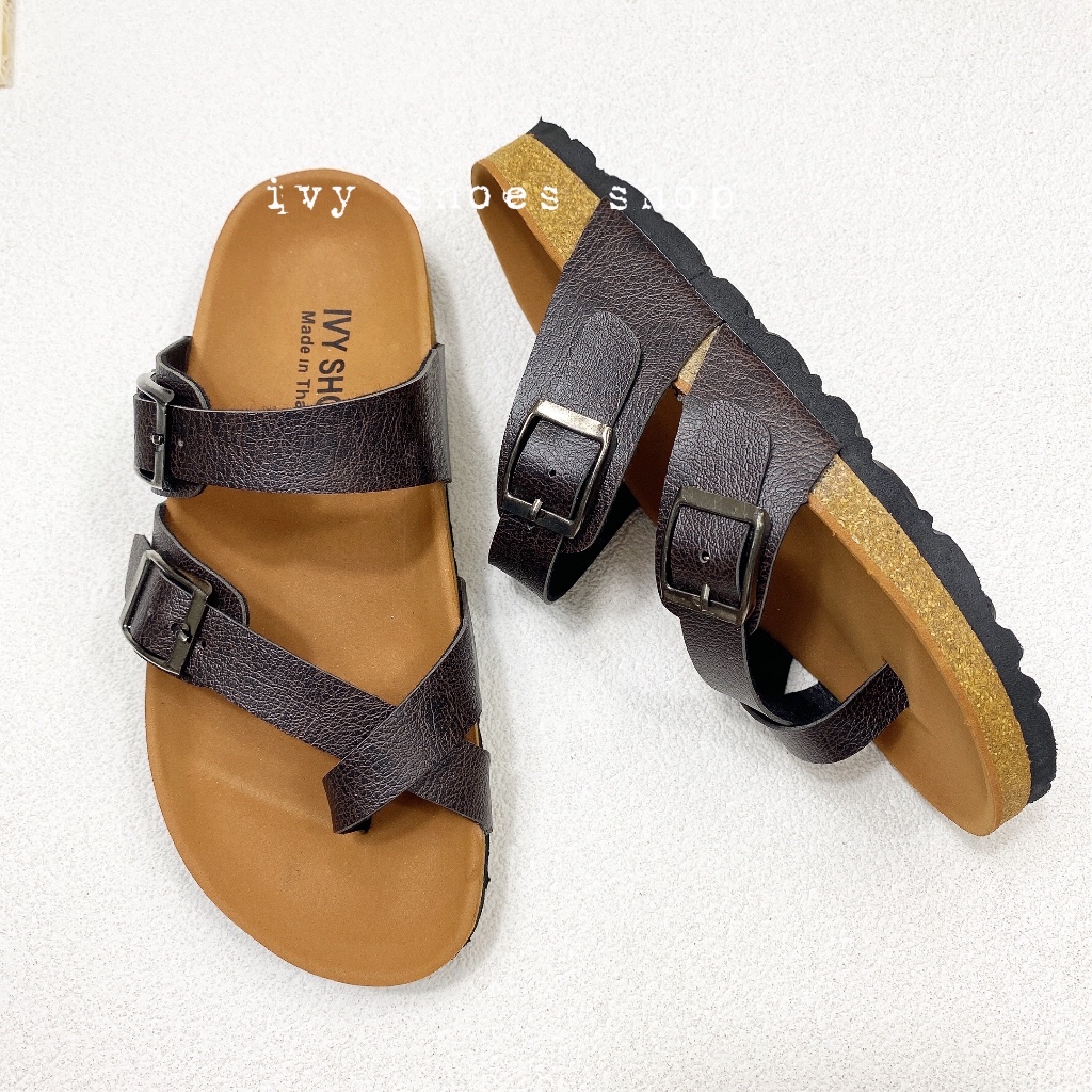 รองเท้าแตะ IVY SHOES (*แนะนำลด 1 ไซส์ ) รองเท้าสไตล์ไบเก้น ไขว้โป้ง 2 เส้น พื้นนุ่ม พื้นครีม/ดำ