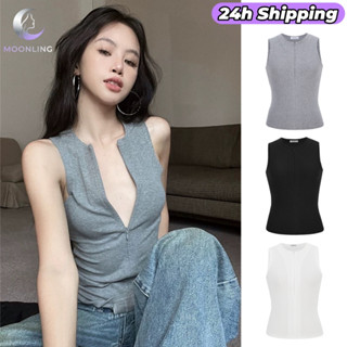 Moonling พร้อมส่งจากไทย เสื้อกล้าม แขนกุด ดีเทล ซิปรูดด้ายหน…