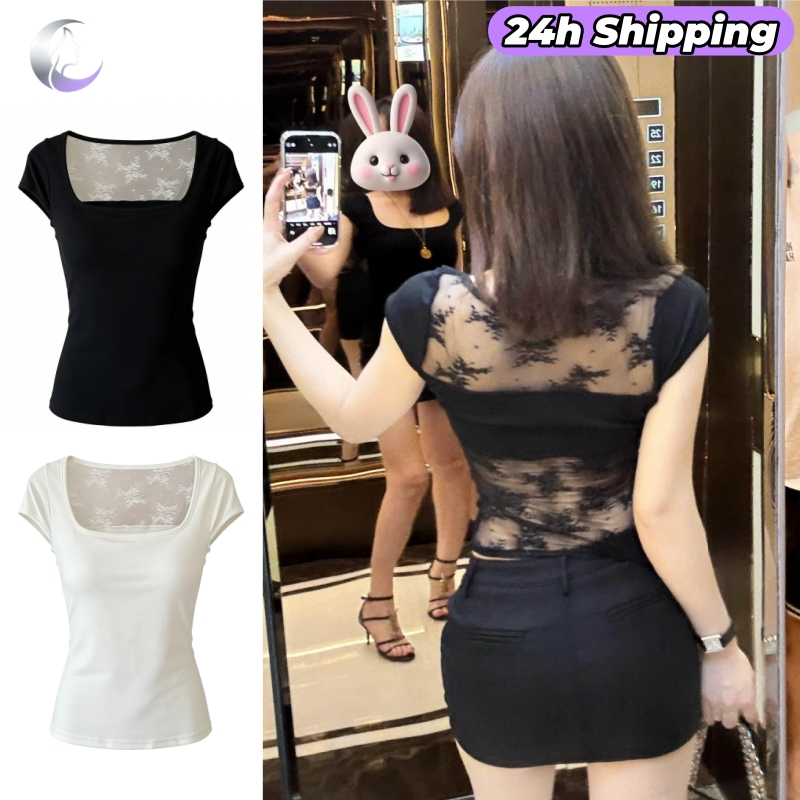 🌜Moonling🌛พร้อมส่งจากไทย เสื้อยืดครอปแขนสั้น ดีเทลซีทรูลูกไม้ สีพื้นน่ารักๆๆ ใส่สบายมาก FYA17