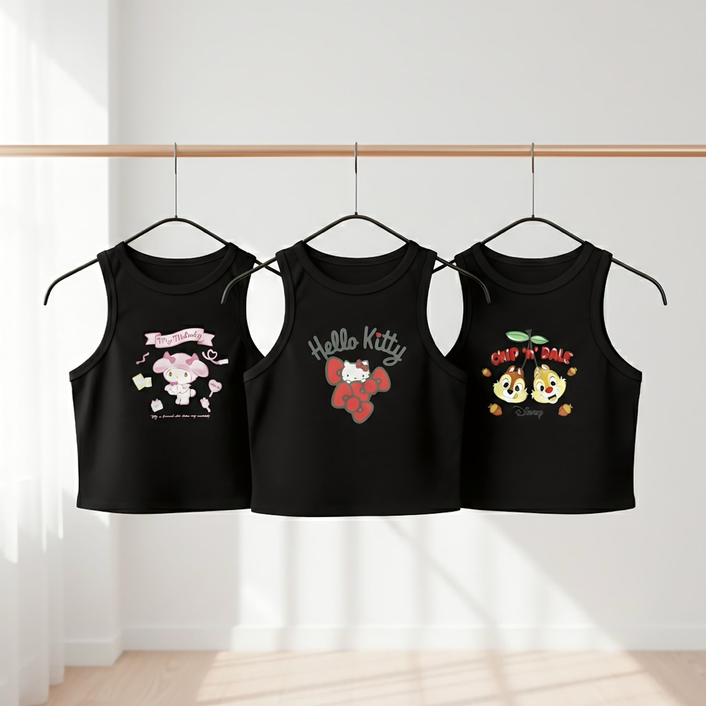 ⋆𐙚 ̊. NEW! เสื้อกล้ามผู้หญิง ครอปสกรีนลายการ์ตูน ♡ เสื้อแขนกุด จัดส่งไวมาก!