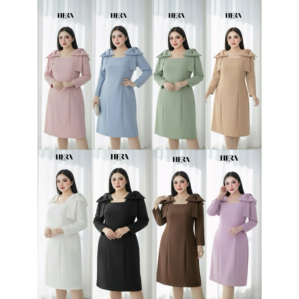 ราคาพิเศษเปิดตัว HERA Peony Bow Dress เดรสแขนยาวแต่งโบว์สาวอวบ อก42-58นิ้ว