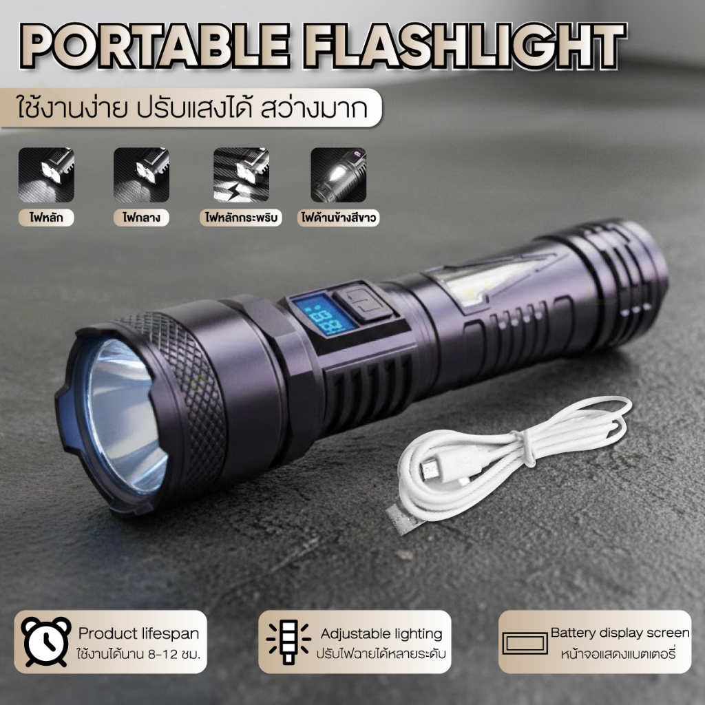 ไฟฉายแรงสูง ไฟฉายLED ชาร์จ Type-C มีประสิทธิภาพปรับได้ 4โหมด ไฟฉายกลางแจ้ง แสงสว่างสูงไกล Flashlight
