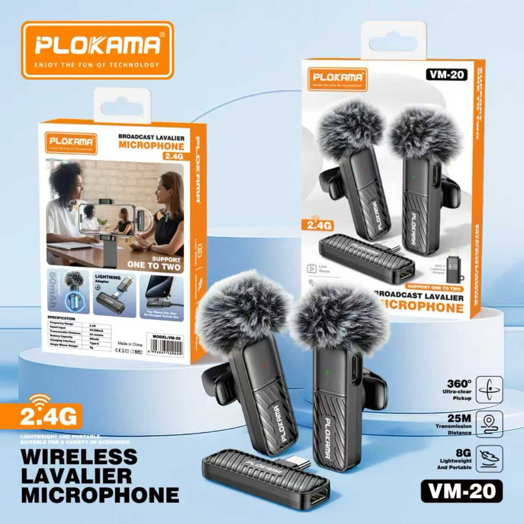 รุ่นVM-20 2in1 ไมโครโฟนไร้สาย เสียบปลั๊กรีบใช้ ใช้ได้กั  บIos/Type-C Wireless Lavalier Microphone ตัดเสียงรบกวนไมค์ค่ะ