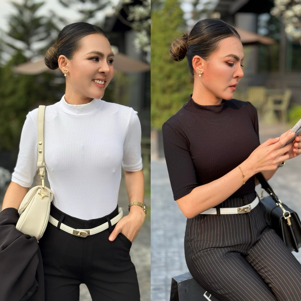 TS002 เสื้อยืดคอปีน แขน3ส่วน ผ้าร่อง ทรงสลิมฟิต เข้ารูป รัดรูป ใส่เพื่อเน้นรูปร่าง อวดหุ่นให้ดูเพียว