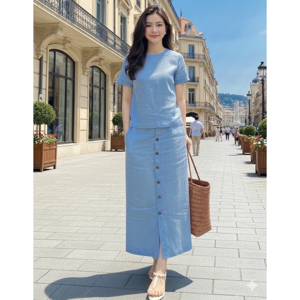 ชุดเซตกระโปรงผ้าฝ้ายผสมลินิน ผ้าใส่สบาย ตัดโดยช่างไทยโรงงานไทย