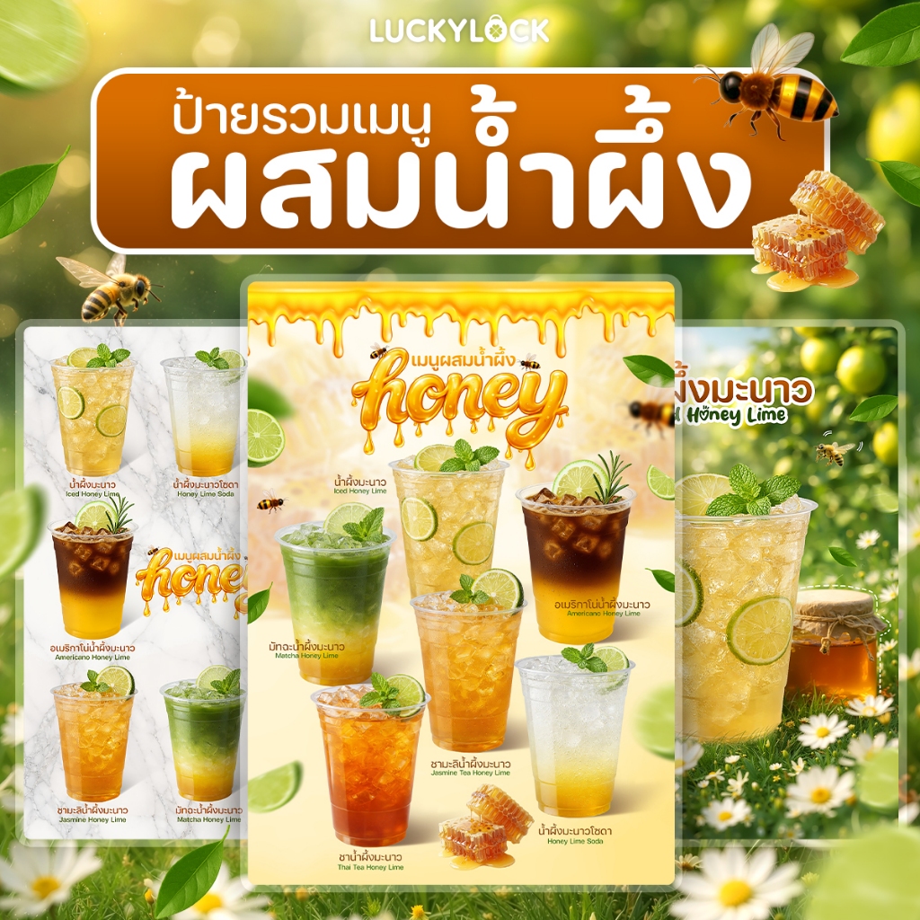 ป้ายเมนูเครื่องดื่มผสมน้ำผึ้ง ป้ายโปสเตอร์สำหรับร้านค้าและคาเฟ่ เคลือบแข็งพร้อมใช้งาน