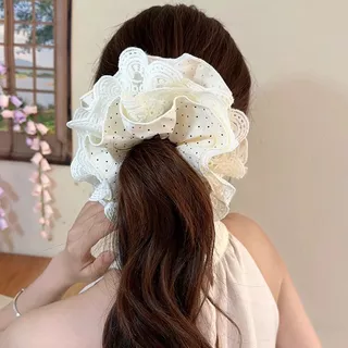 COD-ในไทย💖ยางรัดผมลูกไม้ ลายจุดสีดำและสีขาว สไตล์เกาหลี แฟชั่นสําหรับผู้หญิง ความยืดหยุ่นสูง 2026ใหม่-Kri