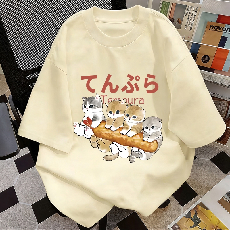 【ส่งด่วน24ชม.】AD8993น่ารัก ลูกแมว ขนมปัง เสื้อสีฟ้า เสื้อ เสื้อยืด oversize เสื้อยืดผู้หญิง เสื้อแฟชั่น
