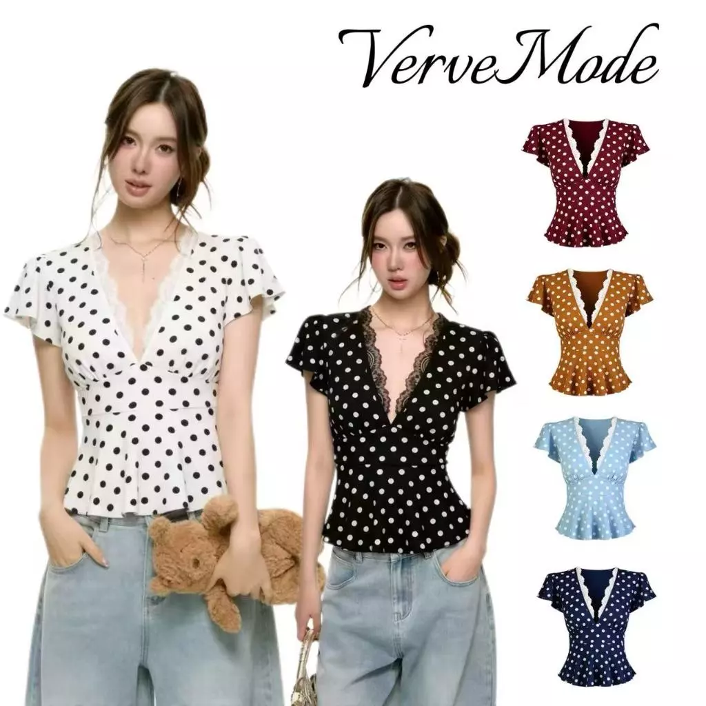 VerveMode.🍓จัดส่งในประเทศไทย🍓เสื้อครอปคอวีลึก แขนระบาย ผูกเอว สไตล์ใหม่ฤดูร้อนปี 2026 เสื้อเชิ้ตสาวฮอตเฉพาะกลุ่มสำหรับผู
