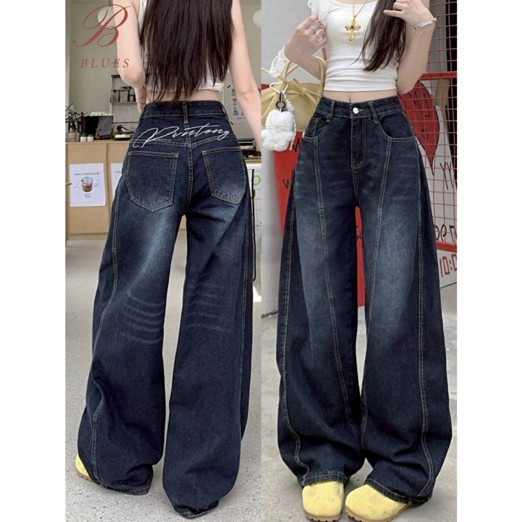 B BLUES พร้อมส่ง กางเกงยีนส์ขายาว เอวสูง ดีเทล ถัดลายตัวอักษรด้านหลัง