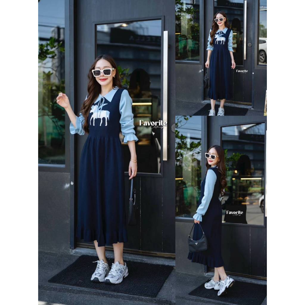 •FAVORITE• FVR 38175 เดรสไหมพรมทอสีทูโทน แต่งคอปก ดีเทลทอลายที่อก แต่ด้วยโบผูกน่ารักๆ