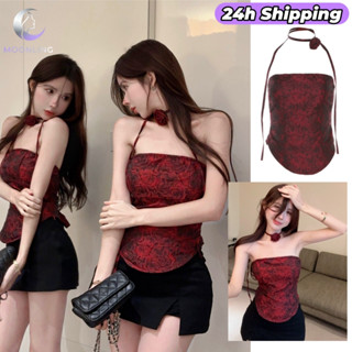 ❤️‍🔥❤️‍🔥❤️‍🔥 Moonling เสื้อเกาะอก ลายมัดย้อมดำแดง ไม่มีฟองน้…