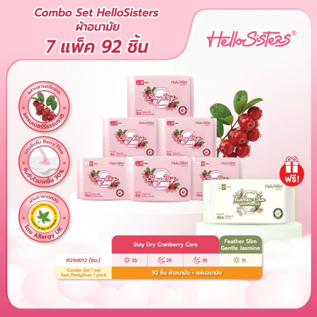 [เฉพาะไลฟ์เท่านั้น ซื้อ 1 เซ็ต แถม 1 แพ็ค] Combo Set HelloSisters Cranberry Care ผ้าอนามัย 25-35 ซม. แถมฟรี แผ่นอนามัย