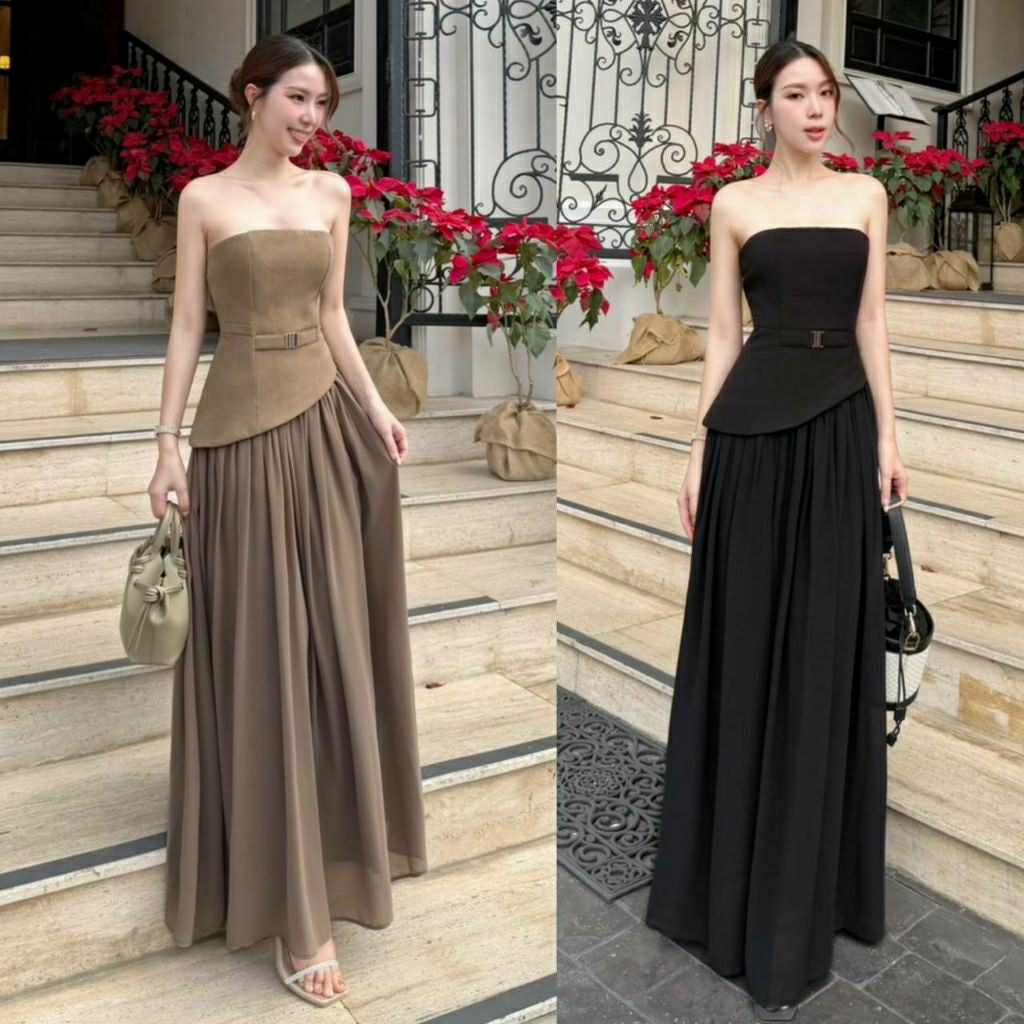 (S-L) Rouge.bkk📣พร้อมส่งเดรสยาวเกาะอกเอวแต่งสายคลาดเนื้อผ้าดี ชุดออกงานสวยหรูดูดี