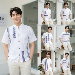 เสื้อพื้นเมืองผู้ชายคอจีน แต่งแถบผ้าทอลายไทย