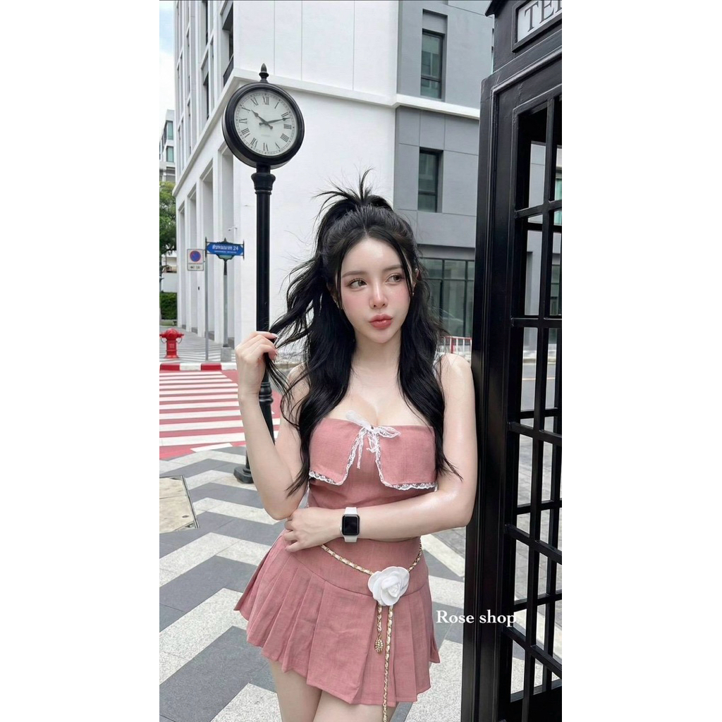 Phapassz - เซต 3ชิ้น เกาะอกแต่งลูกไม้ ผ้าสโนว์ เสริมฟองน้ำ กระโปรงจับจีบข้างมีซับในกางเกงเข็มขัดกุหลาบหรู #Roseshop