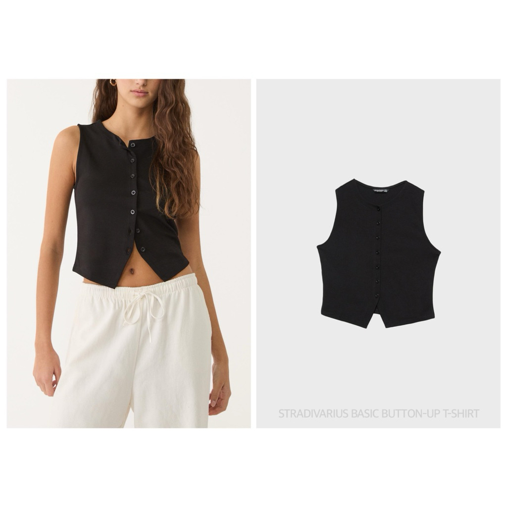 STRADIVARIUS เสื้อกั๊ก คอกลม แขนกุด BASIC BUTTON-UP T-SHIRT (A3104)