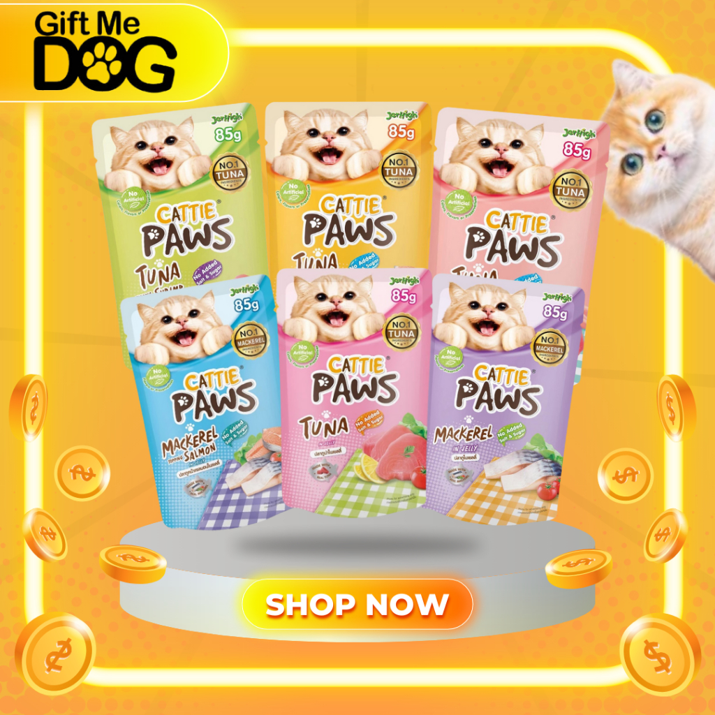 Cattie paws แคทตี้พาวส์ สูตรปลาเนื้อแดง สูตรเจลลี่ ขนาด85กรัมซองใหญ่แน่นๆ แบบยกลัง 48 ซอง