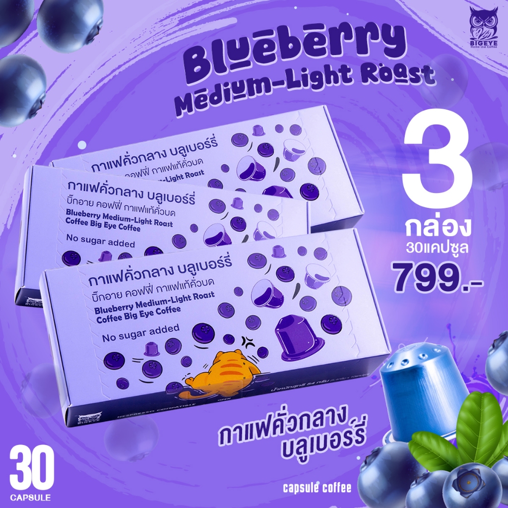 [SET 30แคปซูล] กาแฟ Bigeye Coffee ระบบ Nespresso คั่วกลาง กลิ่นบลูเบอร์รี่ (Blueberry Medium-Light R