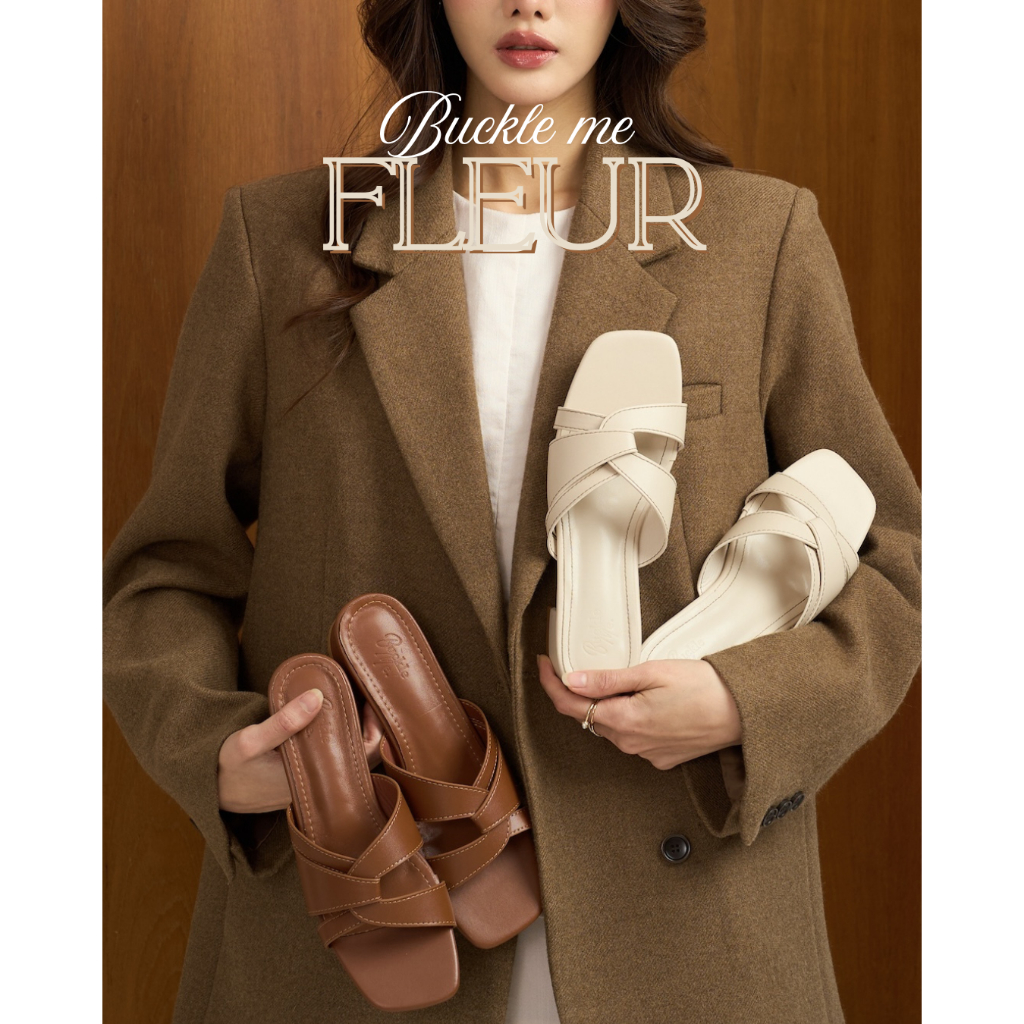 Fleur Buckle me พร้อมส่ง รองเท้าส้นสูงหนังแท้ 1.5 นิ้ว เรียบหรู เดินง่าย มีดีเทลเย็บขอบ