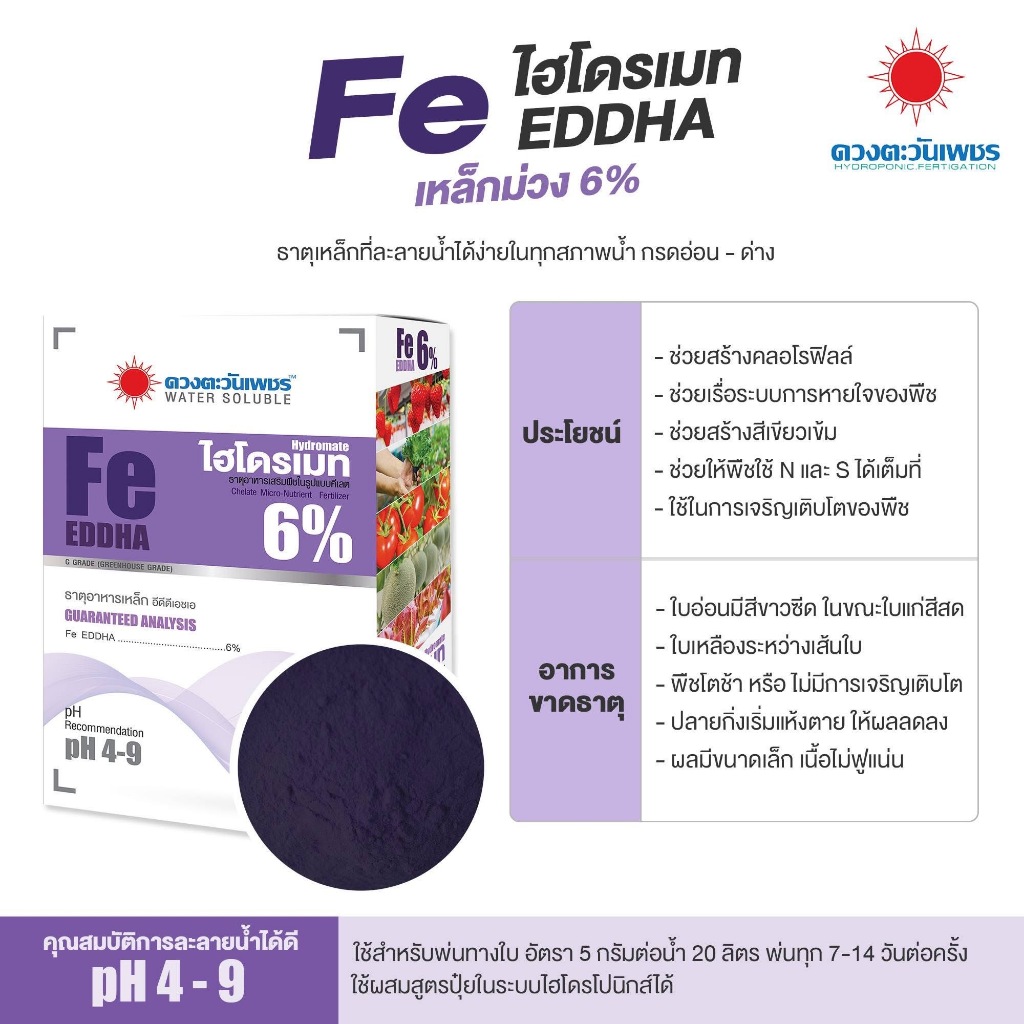 Fe EDDHA  ธาตุเหล็ก ป้องกันไม่ให้ใบอ่อนเหลืองซีด ชะงักการเจริญเติบโต ส่งเสริมการสังเคราะห์แสงของพืช ทำให้ใบพืชเขียวเจริญ