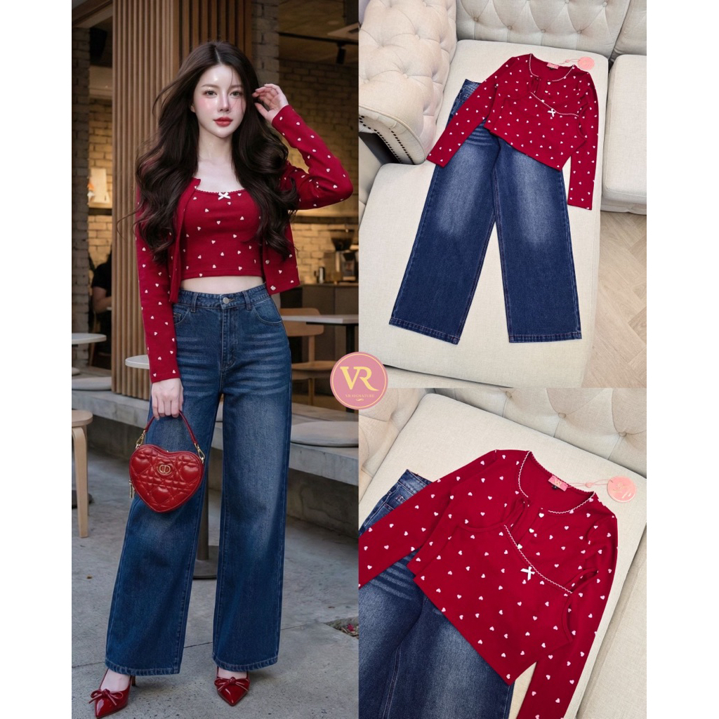VR(เช็คก่อนสั่ง) Set 3 ชิ้น เสื้อสายเดี่ยวผ้ายืดหยุ่น​เนื้อดีกับเสื้อคลุมแขนยาว และกางเกงยีนส์ สวยน่