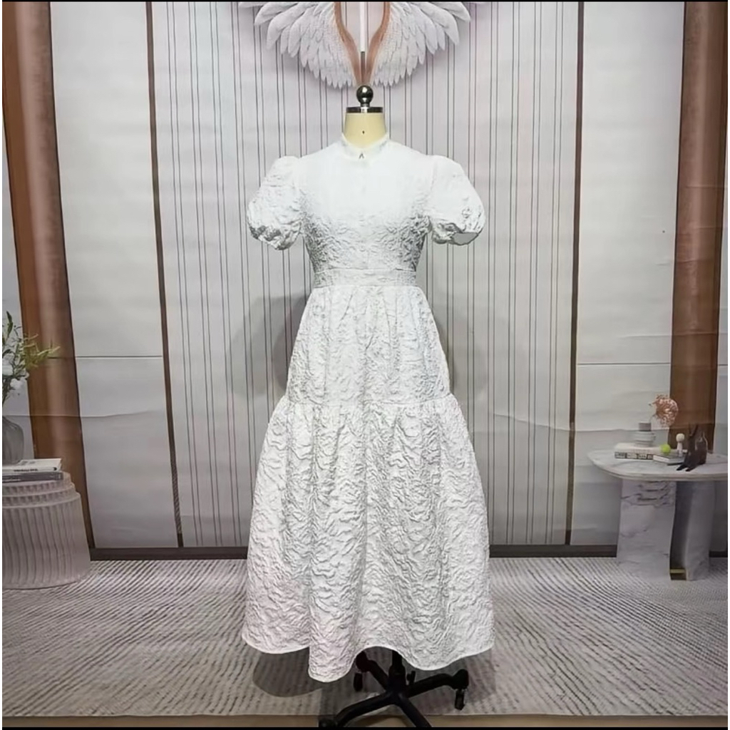 (ปกติ ยาว 48“) เดรสยาว เดรสสีขาว ผ้าทอนูน งานป้าย chalita