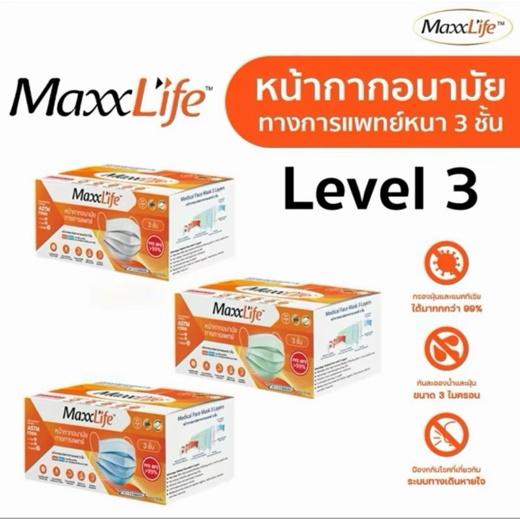 🌟 Maxxlife Mask 💫 หน้ากากอนามัย ทางการแพทย์ หน้ากาก ปิดจมูก 3 ชั้น จำนวน 1 กล่อง แมส