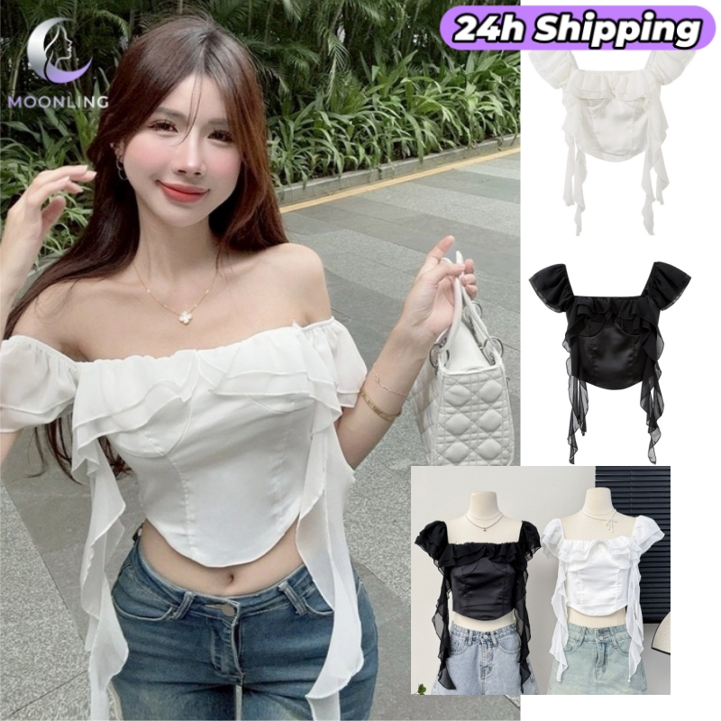 🌜Moonling🌛 พร้อมส่งจากไทย เสื้อเปิดไหล่ แขนสั้น น่ารักๆ เซ็กซี่หวานๆสีขาวดำ FY2836