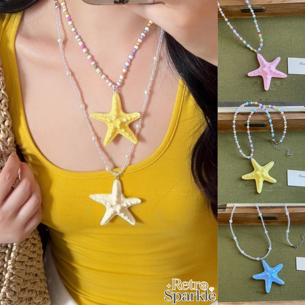Retro Sparkle🌊🌊สร้อยคอผู้หญิง สร้อยคอจี้ปลาดาวแฟชั่น สร้อยคอสไตล์เกาหลี แฮนด์เมด ย้อนยุค สไตล์ชายหาด