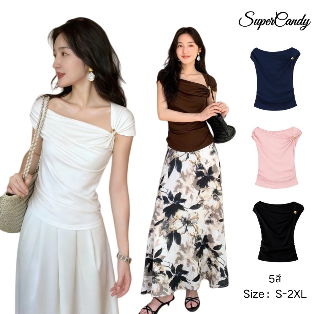 SuperCandy🌷เสื้อยืดผู้หญิงทรงเพรียว สไตล์ไหล่เฉียงและคอกระดูก ไม่มีสายหนัง สำหรับฤดูร้อน