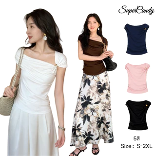 SuperCandy🌷เสื้อยืดผู้หญิงทรงเพรียว สไตล์ไหล่เฉียงและคอกระดูก ไม่มีสายหนัง สำหรับฤดูร้อน