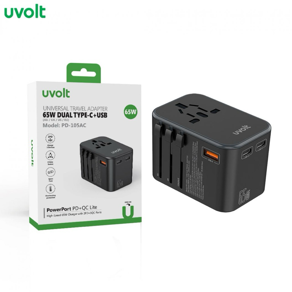 หัวชาร์จ 65W  PD105AC : Uvolt Universal Travel Adapter 65W Dual USB+Type C Model:PD-105AC ประกัน 1 ป