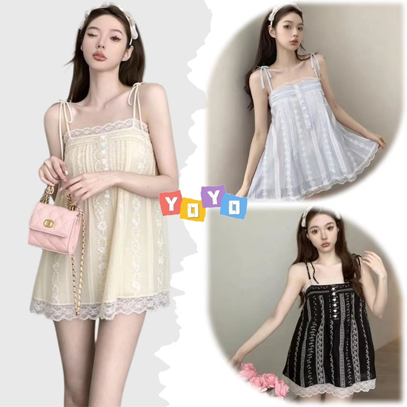 YOYO พร้อมส่ง🌈เสื้อสายเดี่ยวตัวสั้นผูกไหล่🌈ผ้าพริ้วๆ สไตล์เกาหลี แฟชั่นสุดฮ เเต่งลูกไม้รอบตัว ทรงสวยแมทง่าย น่ารัก