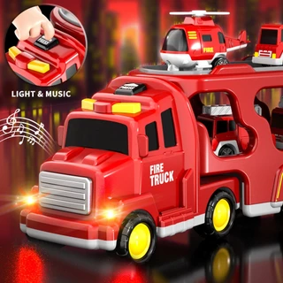 5 in 1 Fire Truck Playset Light ของเล่นยานพาหนะที่มีไฟและเอฟเฟกต์เสีย รถบรรทุกวิศวกรรม รถดับเพลิงรถบรรทุกตู้คอนเทนเนอร์