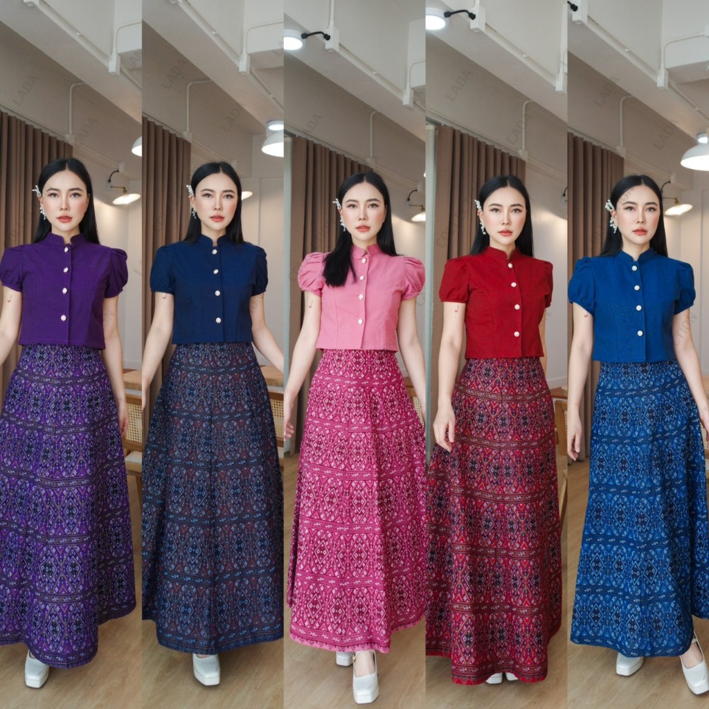 เซ็ทลายแพรวาเก่ามี 5สี เสื้อแขนตุ๊กตากระดุมมุกและกระโปรง8ชิ้นทรงแคบ(ผ้าฝ้ายพิมพ์ลาย)