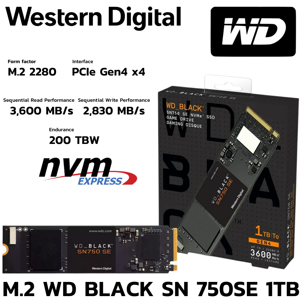 M.2 1 TB SSD (เอสเอสดี) WD BLACK SN750 SE PCIe 4/NVMe M.2 2280 (WDS100T1B0E)