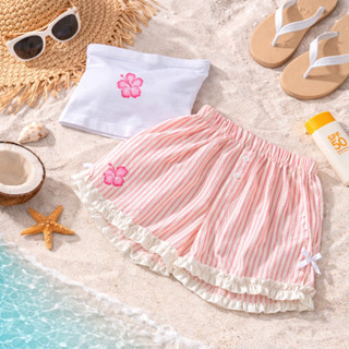 เชท 2 ชิ้น ชบา เสื้อเกาะอกดอกชบา คู่ กางเกงขาสั้น แต่งโบว์ ส…