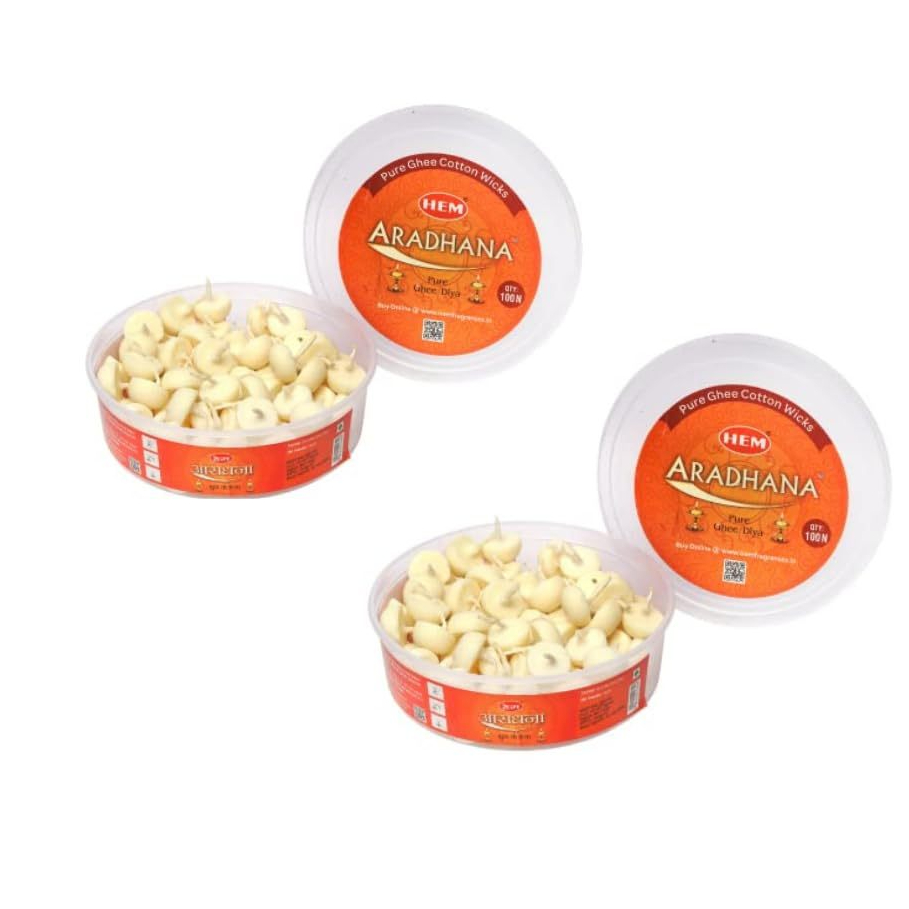 ไส้ตะเกียงเนยใส/ Hem Aradhana/ 100 ชิ้น/ Pure Ghee Diya / ปราศจากขี้ผึ้ง 100%/ อินเดียแท้