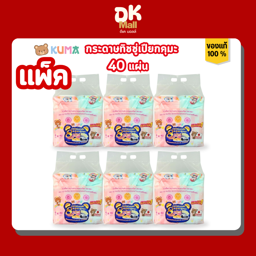 Kuma ผ้าเช็ดทำความสะอาดผิวแบบเปียก ทิชชู่เปียกคุมะ จำนวน 40 แผ่น 2สีในแพ็ค ฟ้า/ชมพู แบบแพ็ค