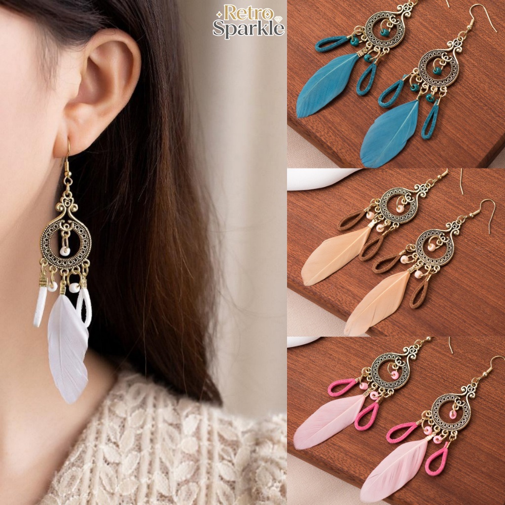 Retro Sparkle🪶🪶ต่างหูสำหรับผู้หญิง ต่างหูจี้ขนนก jewelryแฟชั่น สไตล์เกาหลี จัดส่งตอนนี้ น่ารัก