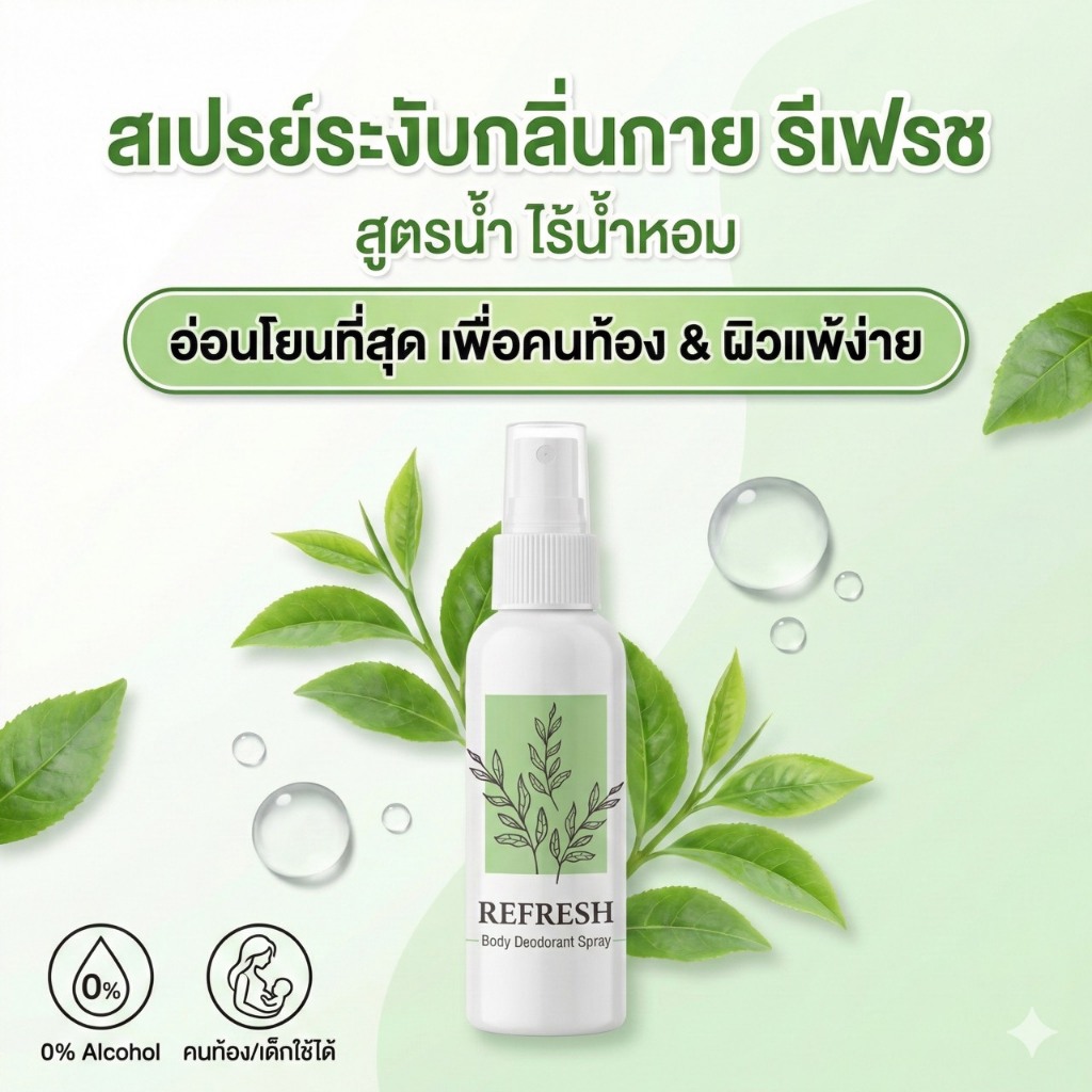 สเปรย์ระงับกลิ่นกาย Refresh สูตรน้ำ (โดยเภสัชกร) ไร้น้ำหอม/แอลกอฮอล์ สำหรับคนท้อง ผิวแพ้ง่าย เด็กใช้ได้ ไม่ทิ้งคราบ