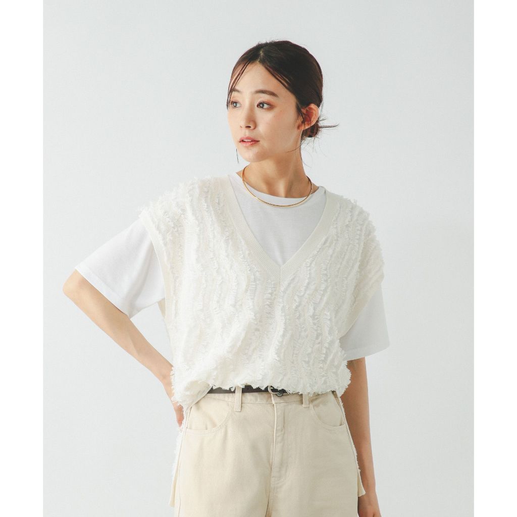 GLOBAL WORK เซ็ตเสื้อกั๊กและเสื้อยืด Sheer fringe vest (Short sleeve T-shirt)