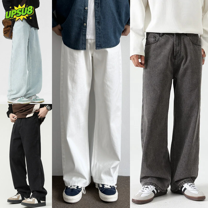 UPSU8 กางเกงยีนส์ผู้ชายทรงตรง เอวสูง ผ้าไม่ยืด Baggy Jeans นิ่มใส่สบาย สีสวยพร้อมส่ง เหมาะสำหรับทั้ง