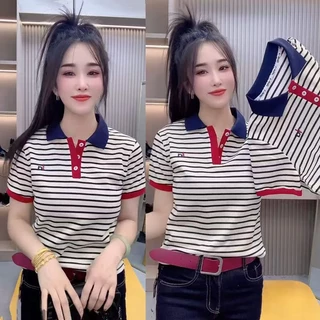 เสื้อโปโลแขนสั้นลายทางปักลายแฟชั่นใหม่ปี 2026 สำหรับฤดูร้อน ไซส์ใหญ่ ทรงหลวม สไตล์เกาหลี ใส่ได้หลายโอกาส เสื้อแฟชั่นเฉพา