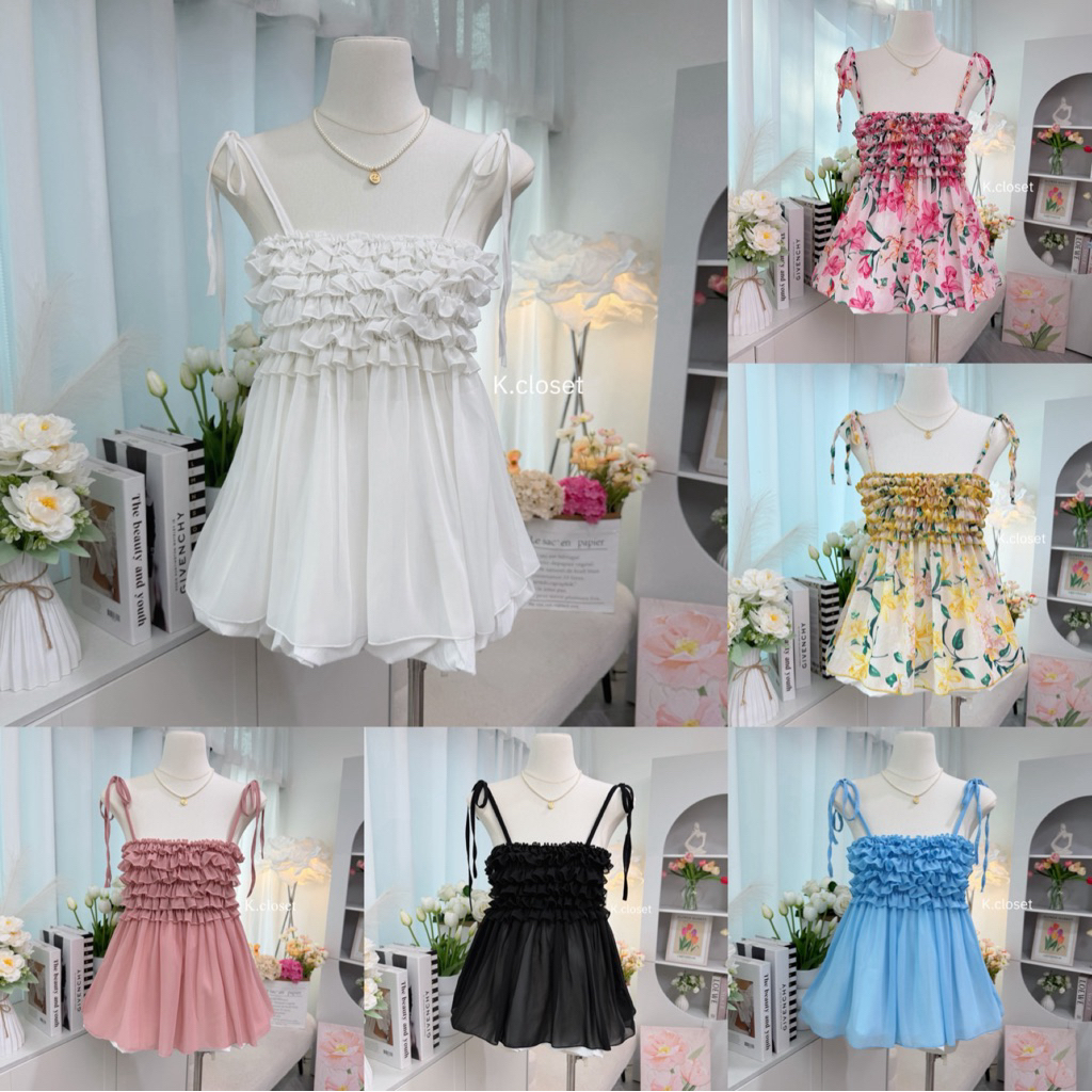 อก28-42 เสื้อสายเดี่ยวผูกไหล่ผ้าชีฟองระบายอก ทรงสวยหวานมาก detail น่ารักสาวอวบใส่ได้อกถึง 42 นิ้ว