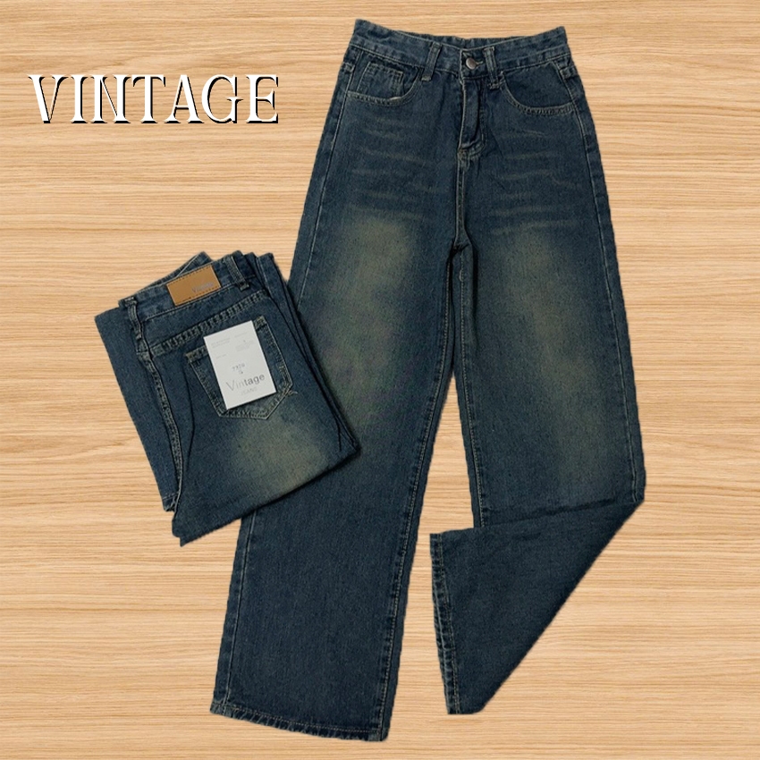 Vintage รุ่น #596 กางเกงยีนส์ ทรงกระบอก แต่งเฟดขา ทรงสวยผ้าไม่ยืด