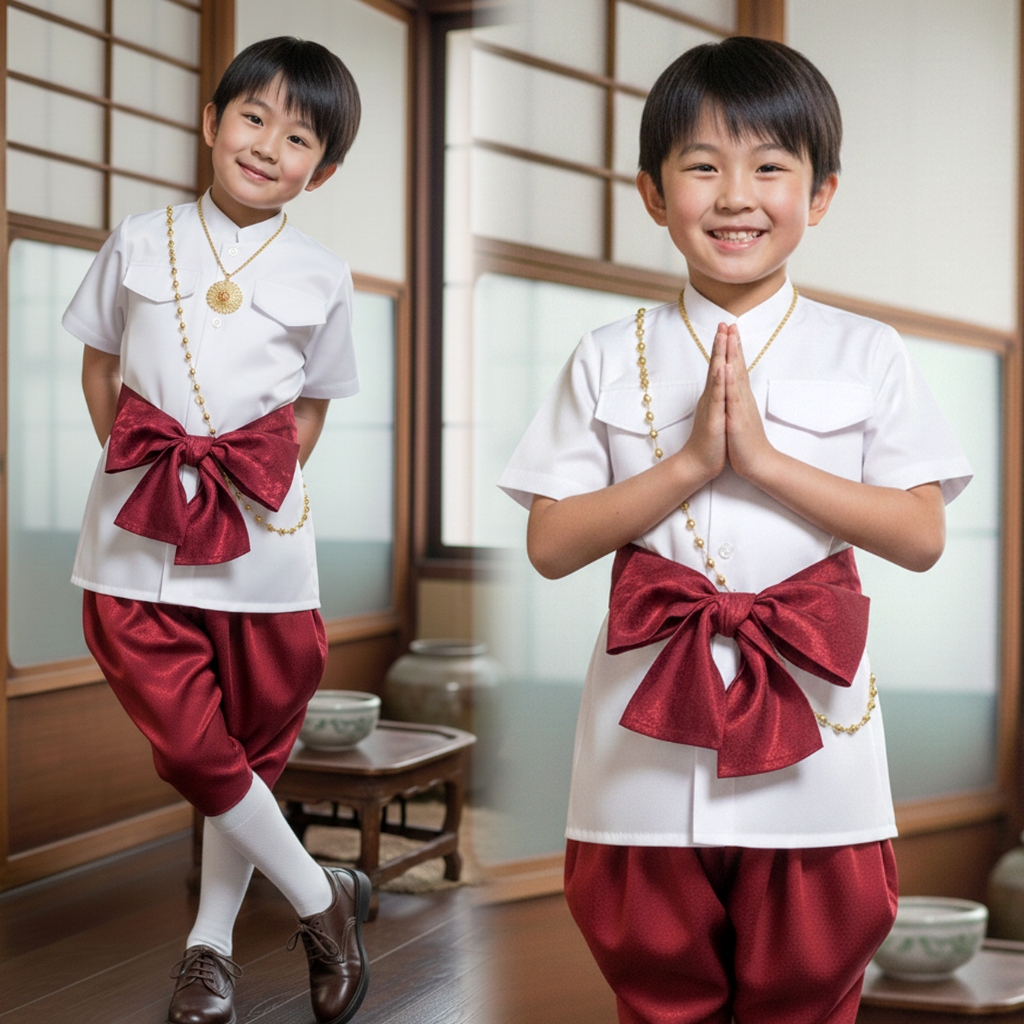 ชุดไทยเด็ก สีดำ สีขาวดำ เจ้าฟ้า ชุดสไบ เด็กหญิง ชุดราชประแตนเด็กชาย เซท3ชิ้น เสื้อ โจงกระเบน ผ้าพาดไหล่ ใช้ผ้าแพรสีดำ - รูปที่ 7