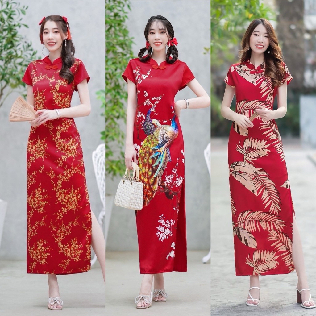 💮กี่เพ้ายาว💮เดรสกี่เพ้าทรงแขนล้ำ ติดกระดุมจีนด้านหน้า งานผ้าซาร่าเนื้อดี ทรงสวย