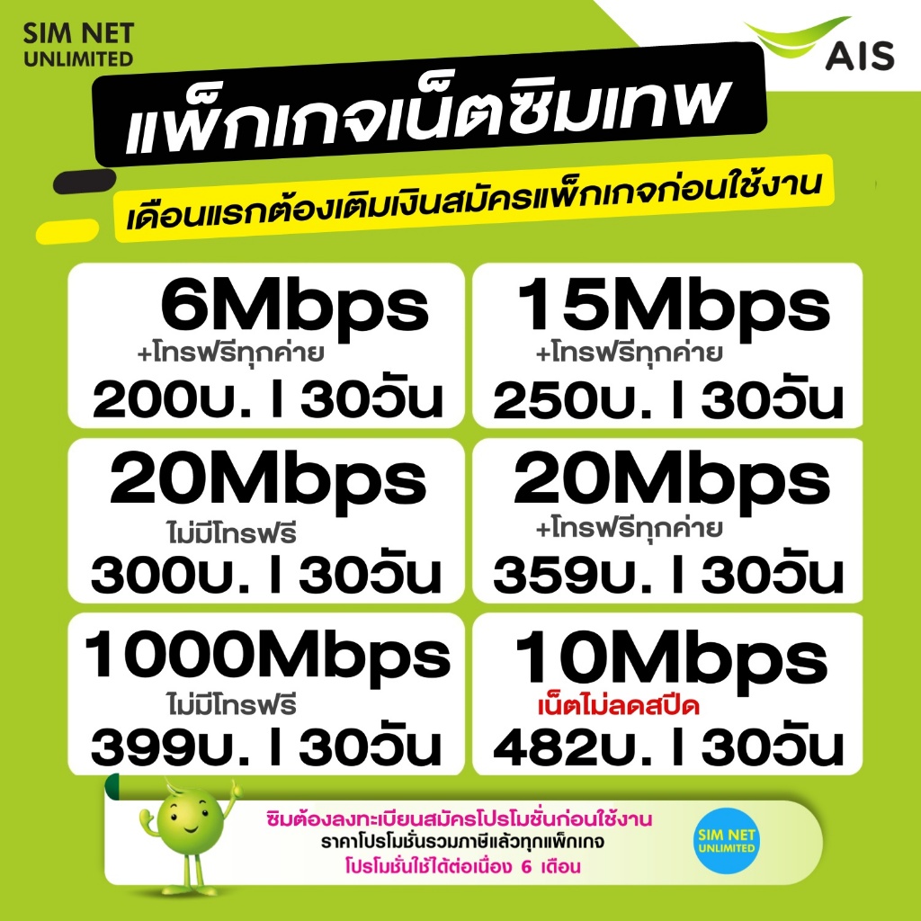 ชิมเทพ AIS เน็ตไม่จำกัด ความเร็ว 6Mbps ,15Mbps ,20Mbps (ซิมเปล่า ต้องเติมเงินสมัครโปรก่อนใช้งาน)
